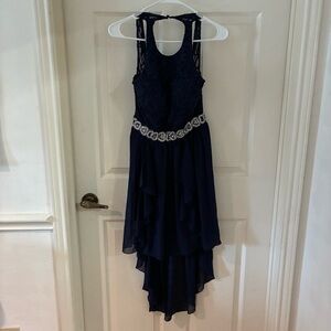 Jodi Kristopher Prom Dress- Elegant Dark Blue Dress with Embellished Waist